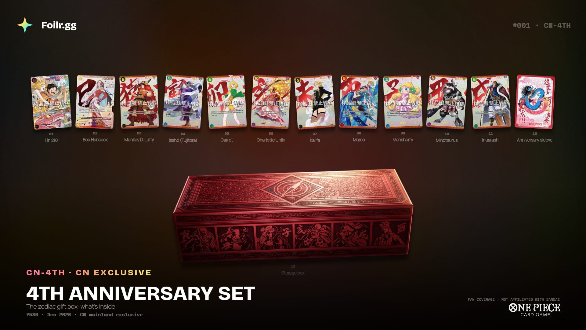 Foilr's cutout render of the 13-piece set — 12 zodiac cards laid out across the top, the carved red storage box centered below, on Foilr's spotlight background.