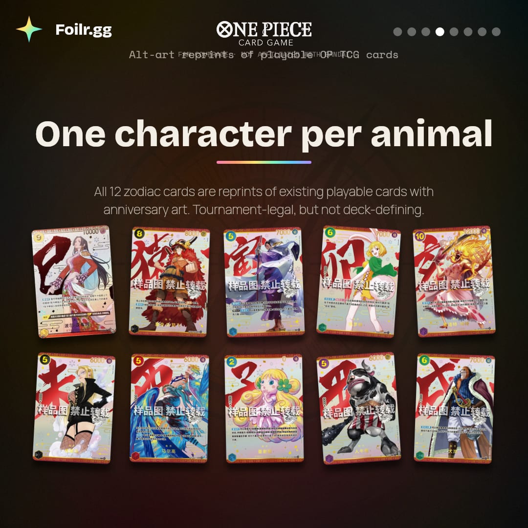 All 10 rectified zodiac cards in a 5x2 grid — the twelve-character lineup from Oda's Chapter 890 spread, minus Dragon (Momo) and Horse (Cavendish) still being prepped.