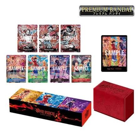 The official contents spread of the EN 3rd Anniversary Set: leader cards, character cards, DON!!, leather case, and storage box.