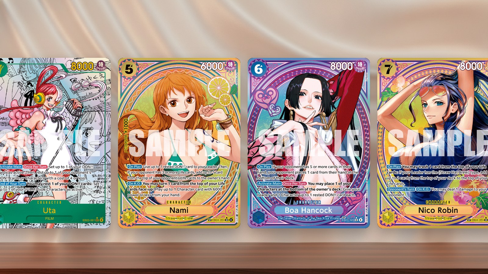 Four EB-03 chase cards in official preview state: Uta Manga, Nami SP, Boa Hancock SP, and Nico Robin SP.