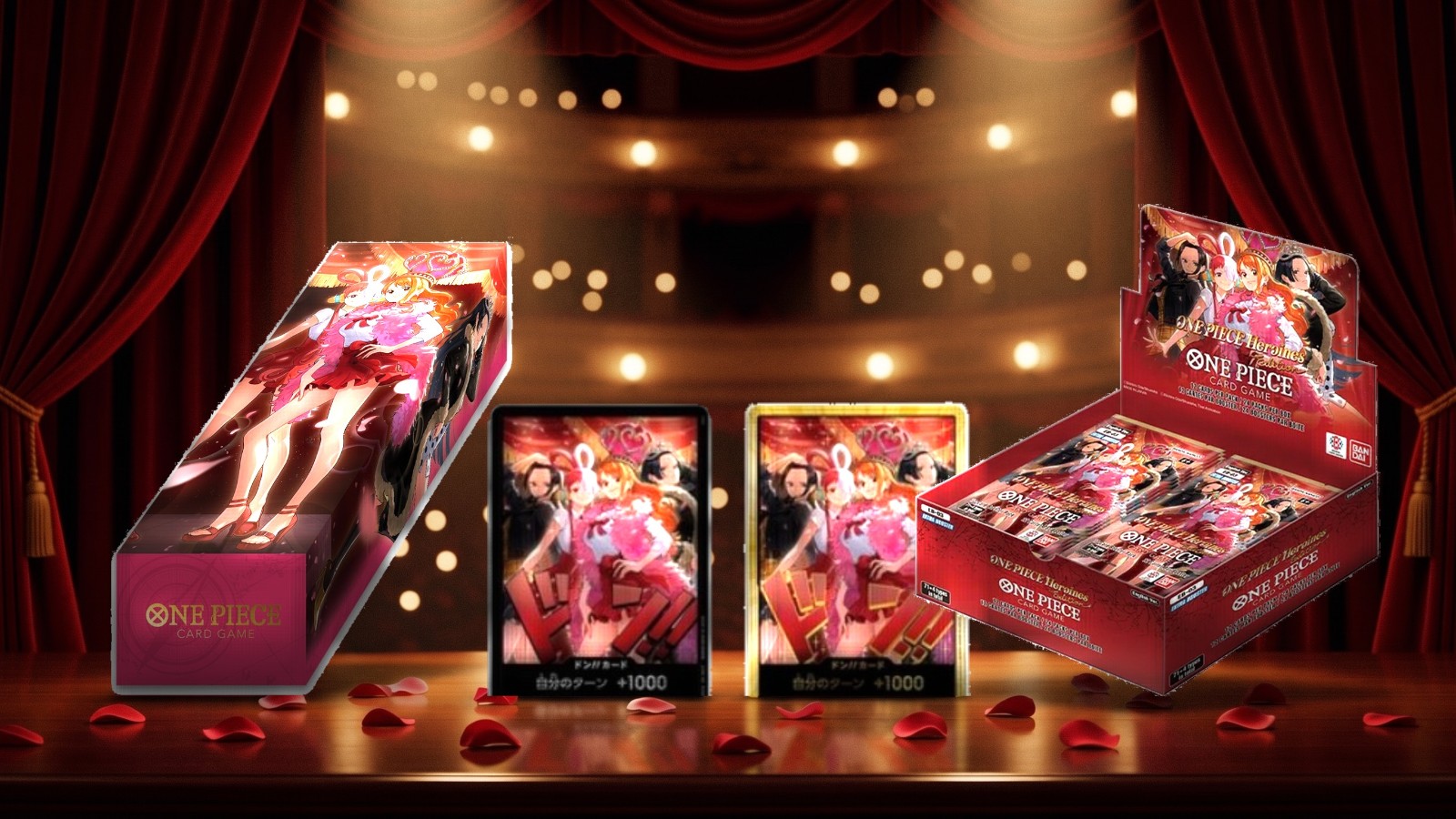 Three Heroines Special Set items: the Uta storage box, the two DON!! variants, and the EB-03 booster box.