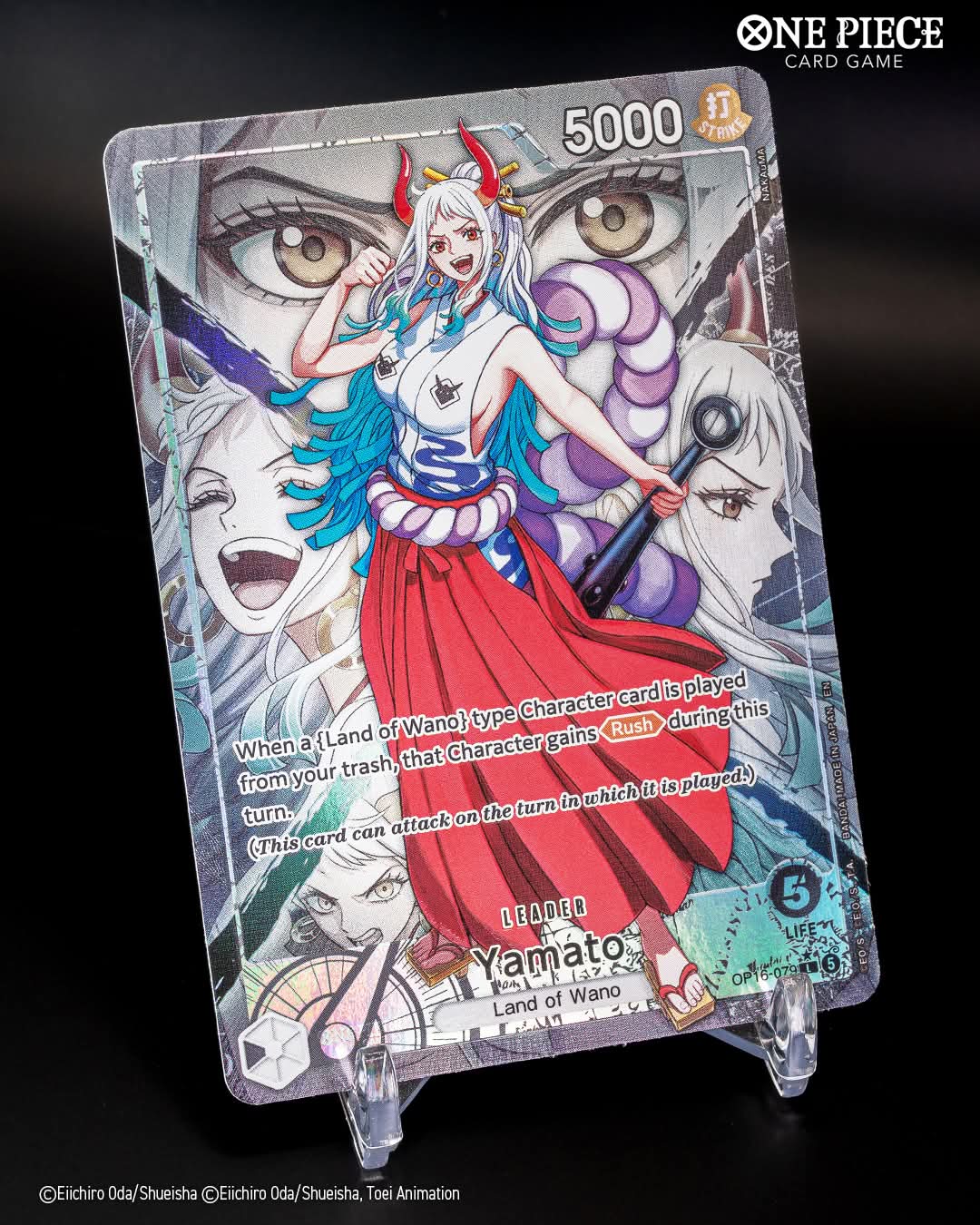 OP-16 English version Yamato Leader card — Black, Land of Wano, 5000 power, Rush-granting effect.