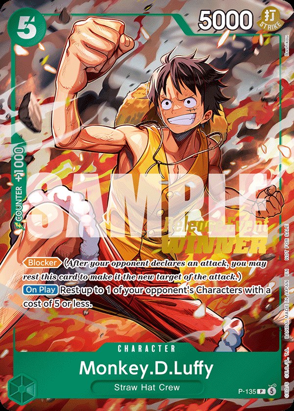 The OP-16 release-event Monkey.D.Luffy promo card in its official preview state.
