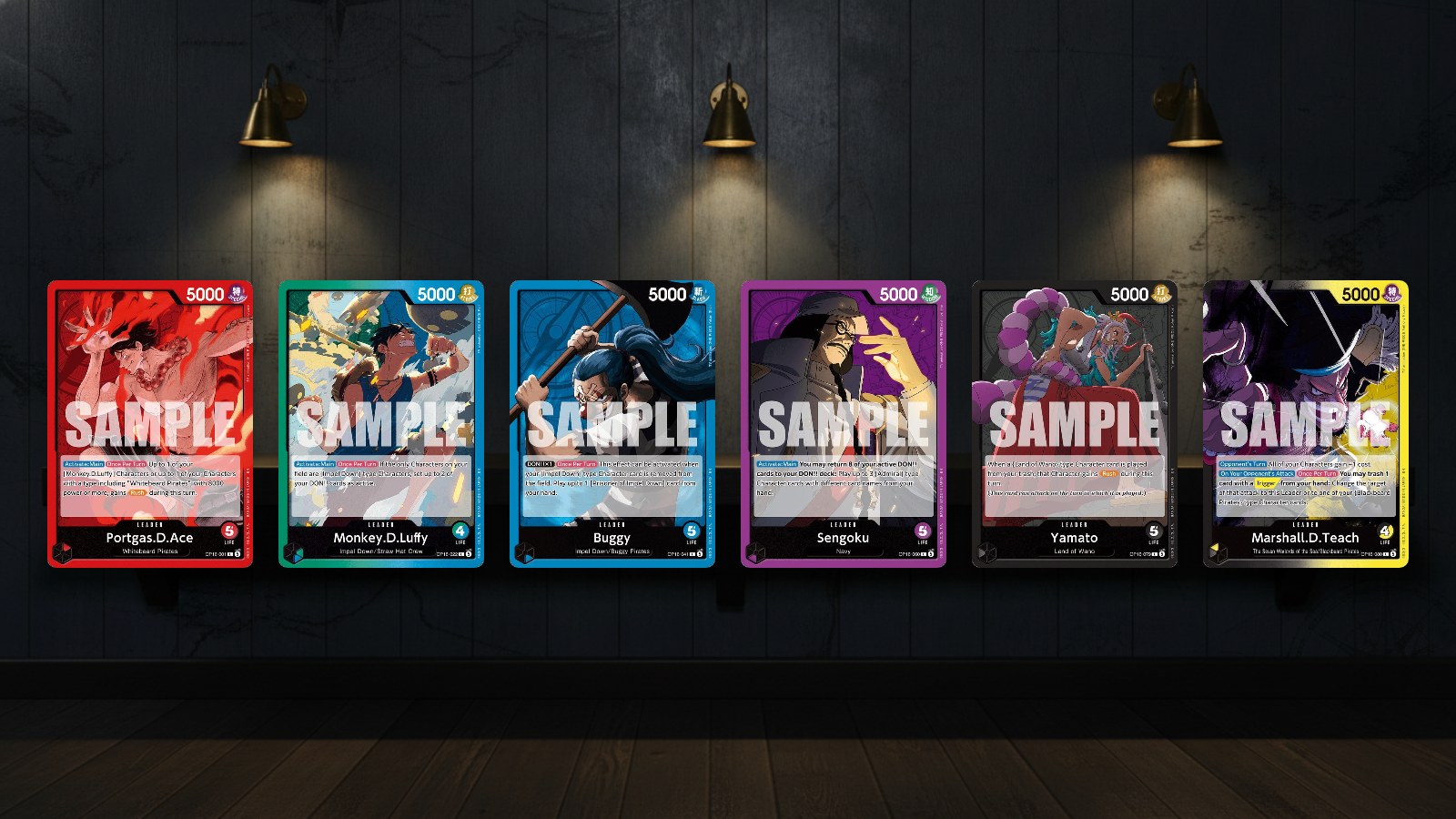 All six OP-16 leader cards: Ace, Luffy, Buggy, Sengoku, Yamato, and Marshall.D.Teach.