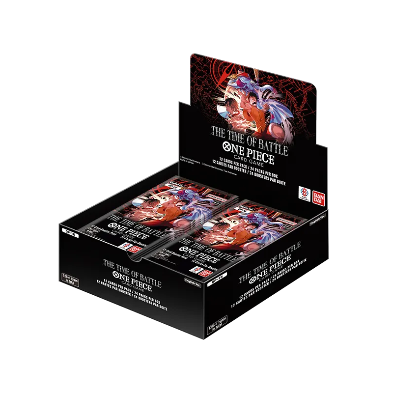 OP-16 The Time of Battle English booster box display — 24 packs, Marineford arc theme, releasing June 12, 2026.