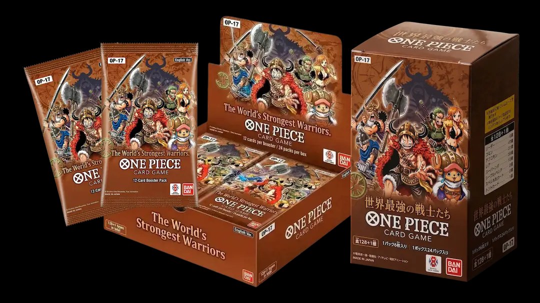 The official OP-17 product family: booster boxes, packs, and displays with The World's Strongest Warriors art.