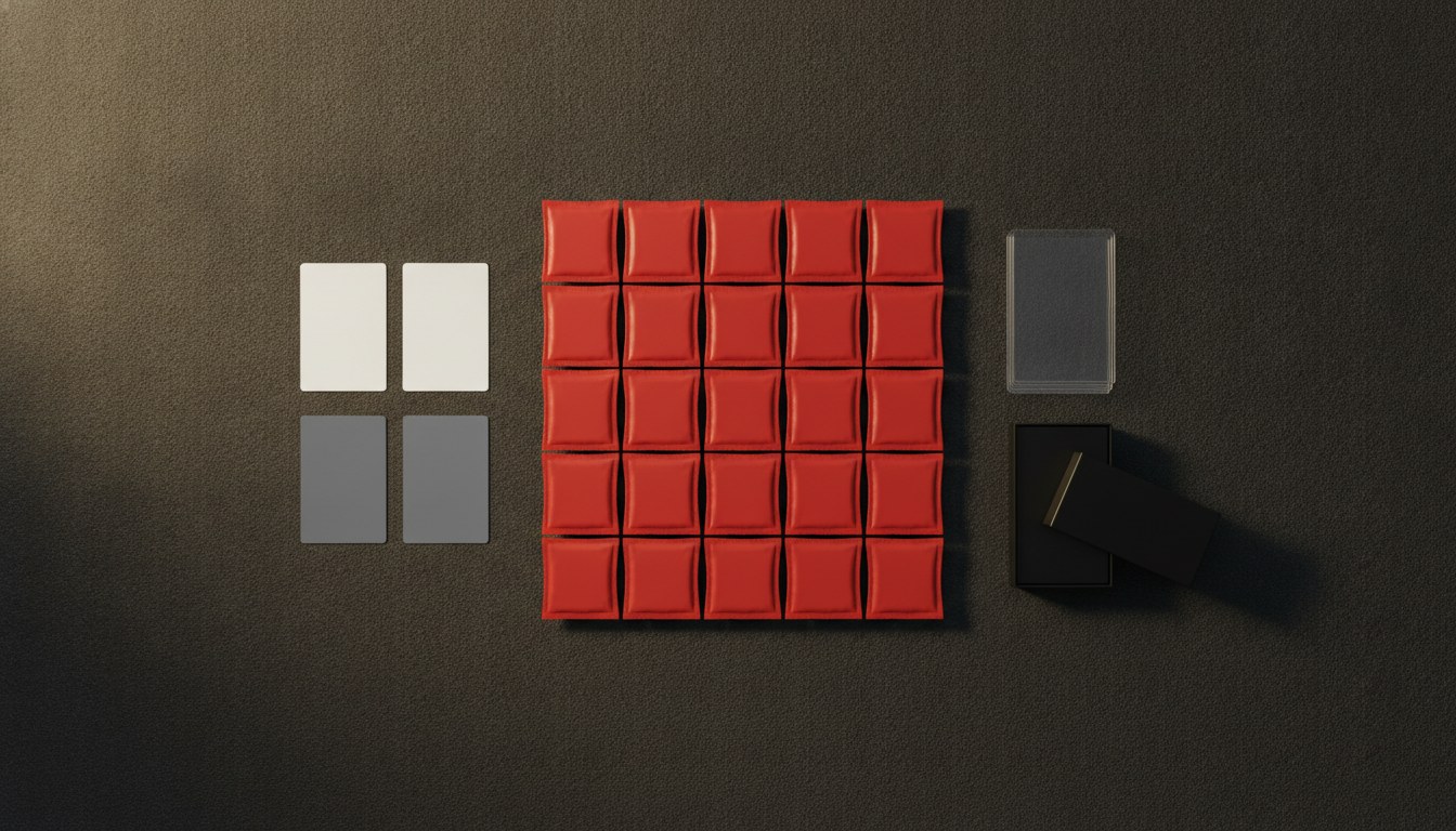 Stylized flat-lay of the SPC-01 contents list: 24 packs, two paper cards, two metal cards, sleeves, and a display box.
