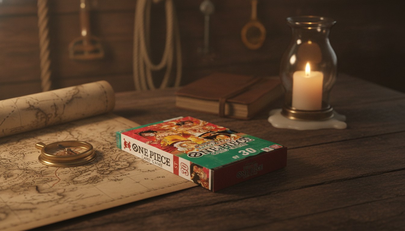 The ST-30 Luffy and Ace deck box on a ship captain's desk beside a sea map, compass, and candle.