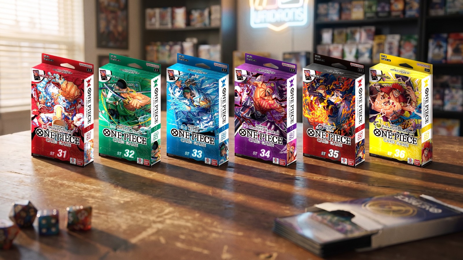 The six ST-31 to ST-36 deck boxes side by side: Luffy red, Zoro green, Kuzan blue, Katakuri purple, Sabo, and Kid yellow.