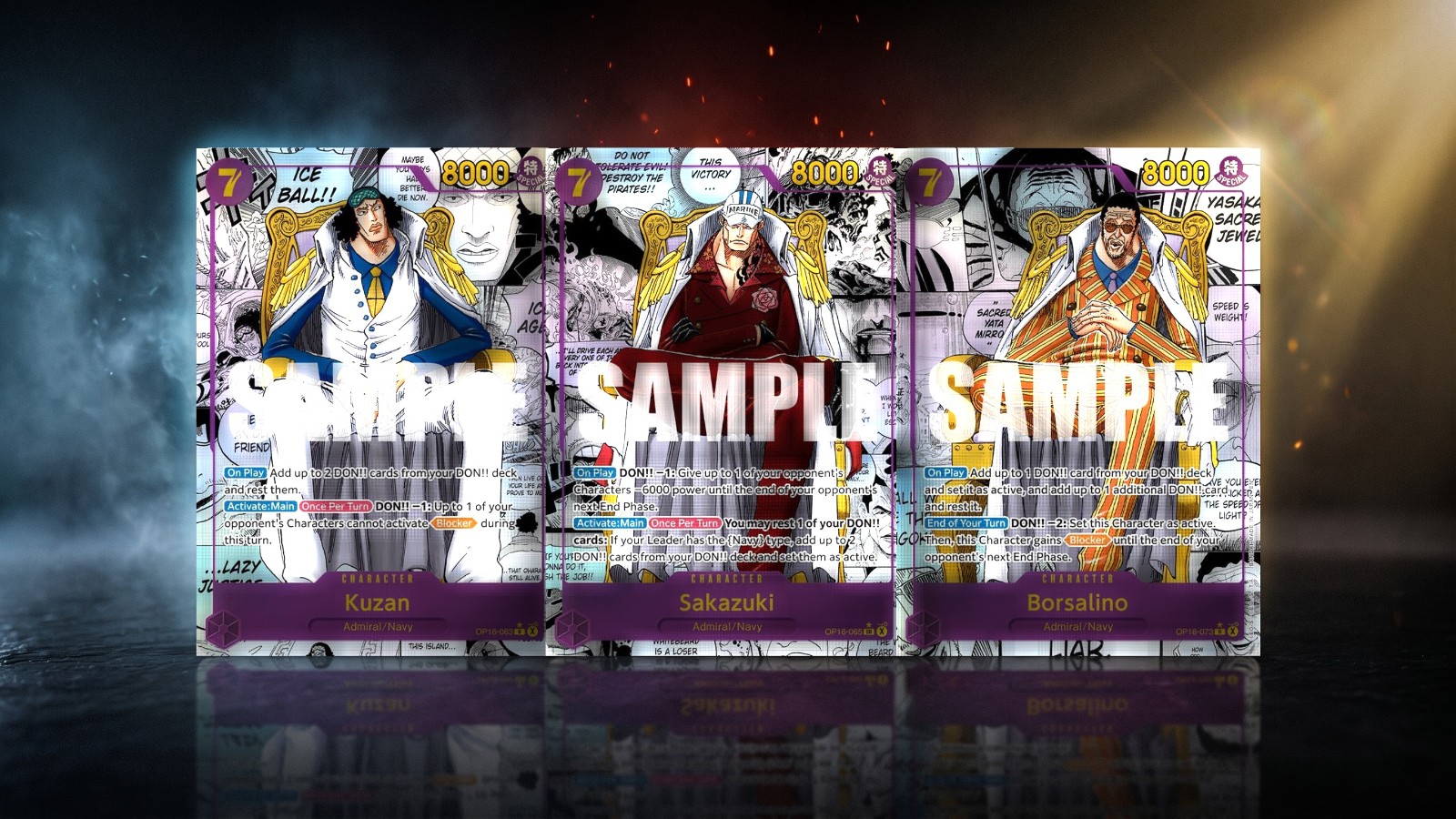 The three OP-16 Admiral Manga Rares side by side: Kuzan OP16-063, Sakazuki OP16-065, and Borsalino OP16-073.