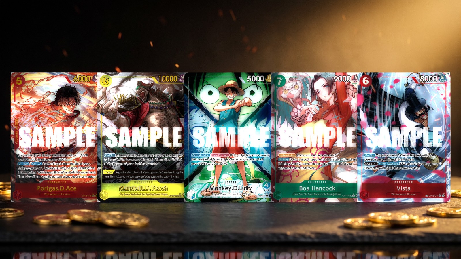 Five other OP-16 chase cards: Ace and Teach Secret Rares, the Luffy alternate-art leader, Boa Hancock SR, and the Vista Treasure Rare.
