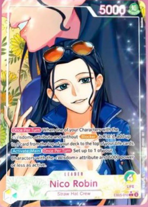 Nico Robin EB05-010 Leader card: 5000 power, Wisdom attribute, 4 Life, Straw Hat Crew, in a translucent white frame with floral motifs.