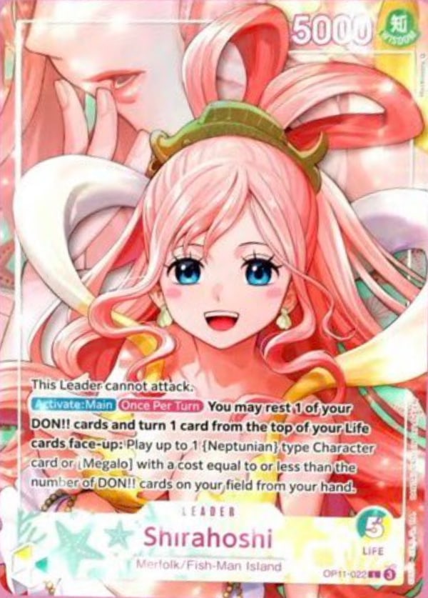 Shirahoshi OP11-022 alternate-art Leader: 5000 power, Wisdom, 5 Life, Merfolk and Fish-Man Island.