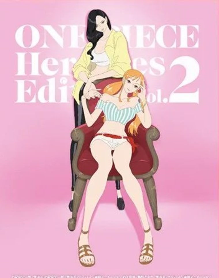 The EB-05 Heroines Edition vol.2 booster pack: Nico Robin standing behind Nami seated in a red armchair on a pink ground.