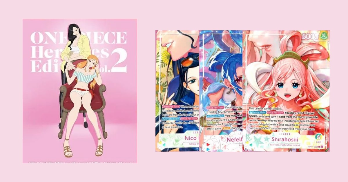 The EB-05 Heroines Edition vol.2 booster pack beside three revealed alternate-art Leaders: Nico Robin, Nefeltari Vivi and Shirahoshi.